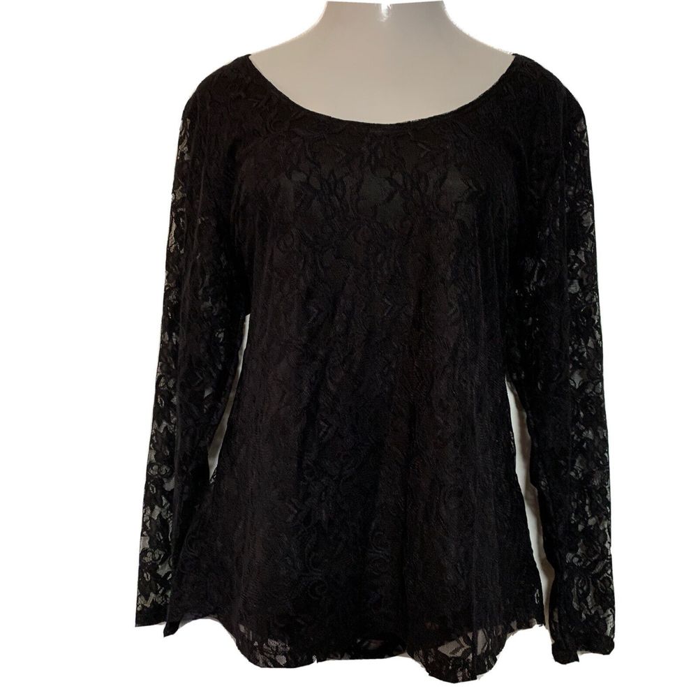 Geneology Top Blouse Sexy Black Floral Lace Tunic Long Sleeve Round Neck Plus 3X